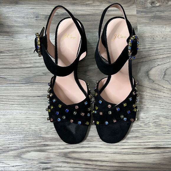 J. Crew Embellished Penny Heeled Sandals Black Suede sz 10 - Picture 3 of 9
